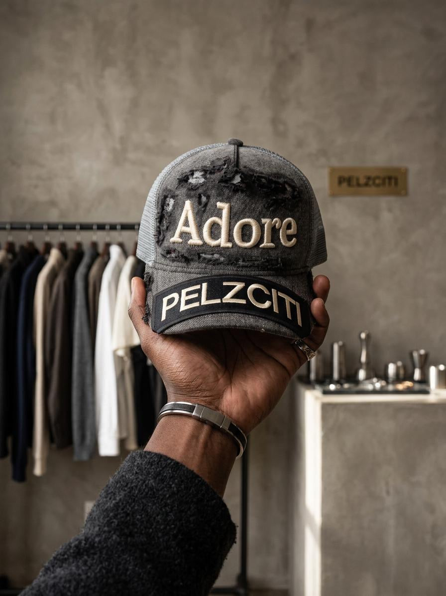 Pelzciti Adore Embroidered Patch Distressed Trucker Hats