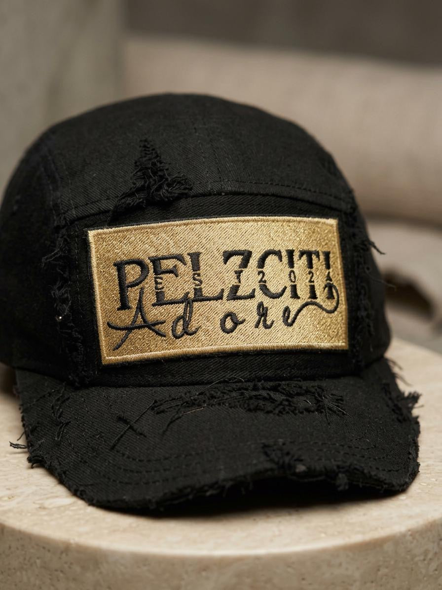 Pelzciti Adore Embroidered Patch 5 panel hat distressed