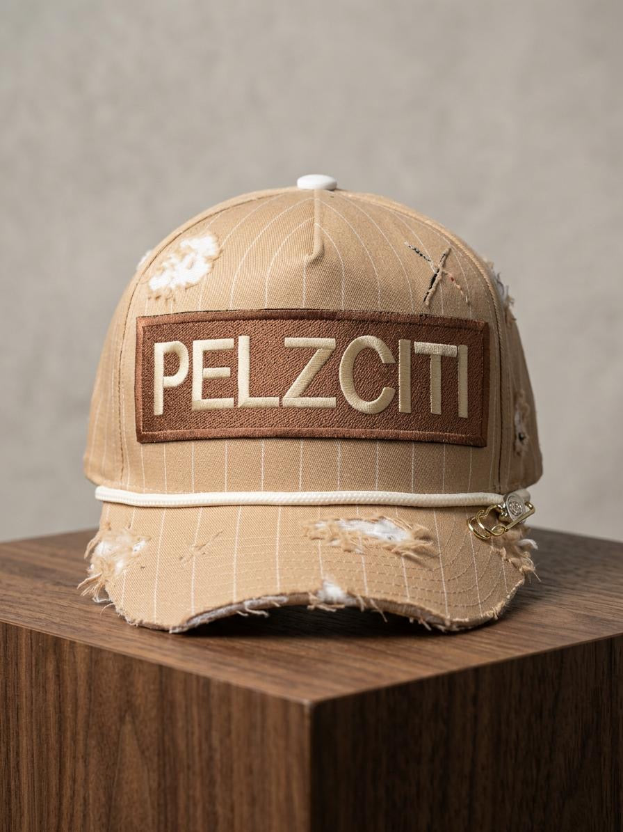 Pelzciti Pinstripe Embroidered Logo Patch Distressed Hat